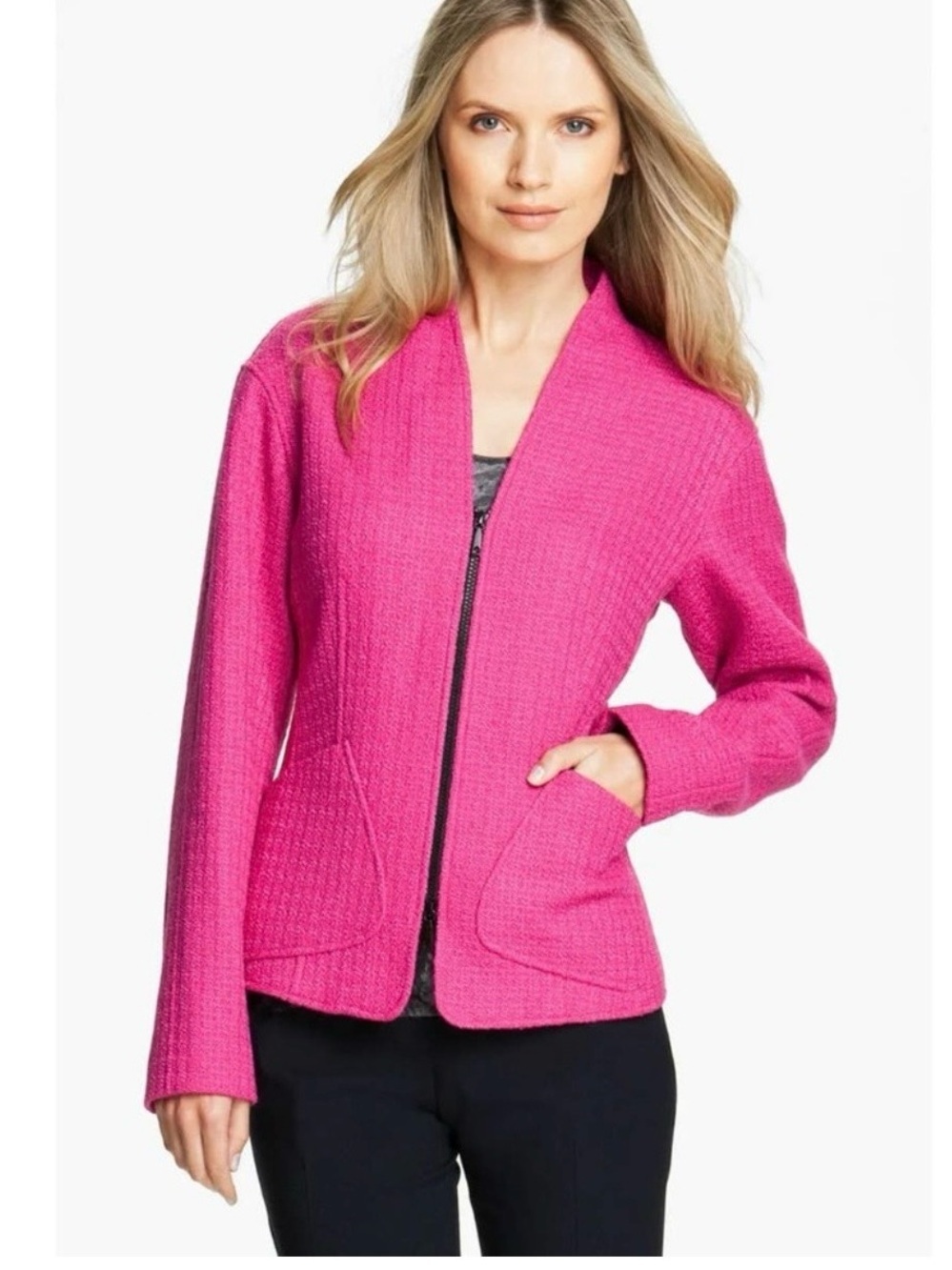 Lafayette 148 New York Ceris Patricia Abbey Pink Tweed Zip Jacket Sz 10 Petite